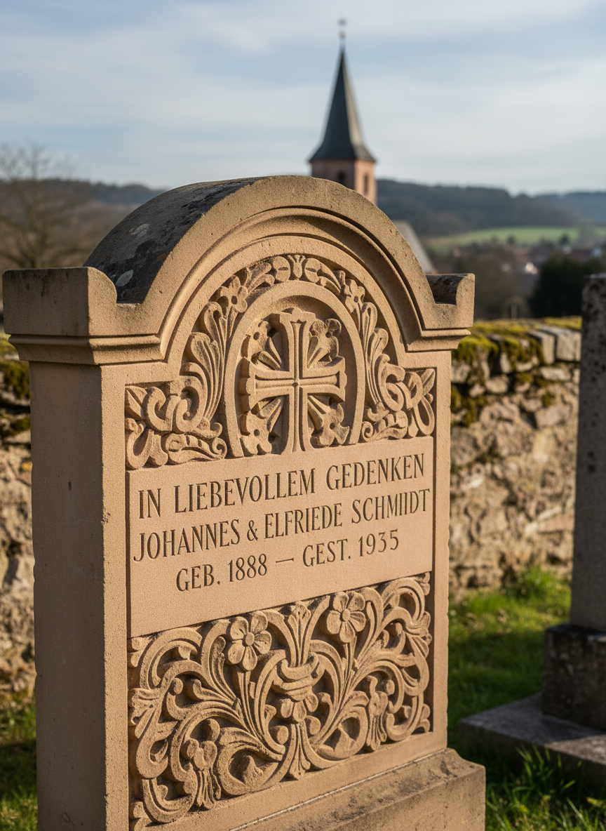 A close, angled photograph of an intricately carved sandstone gravestone from the early 20th century, its relief ornaments and lettering carefully restored and cleaned so that every curve and groove is free from moss and dirt. The warm beige stone shows natural patina in protected recesses but no surface crust or biological growth. The grave is in a traditional village cemetery near Aalen, with an old stone wall and distant church tower softly blurred in the background. Late afternoon sunlight, filtered through thin clouds, grazes the stone from the side, creating gentle shadows in the carvings and highlighting the craftsmanship. The composition uses a tight framing that focuses on the restored details while leaving a suggestion of the rural setting. The mood is respectful and nostalgic, rendered in high-quality photographic realism with subdued, natural colors.