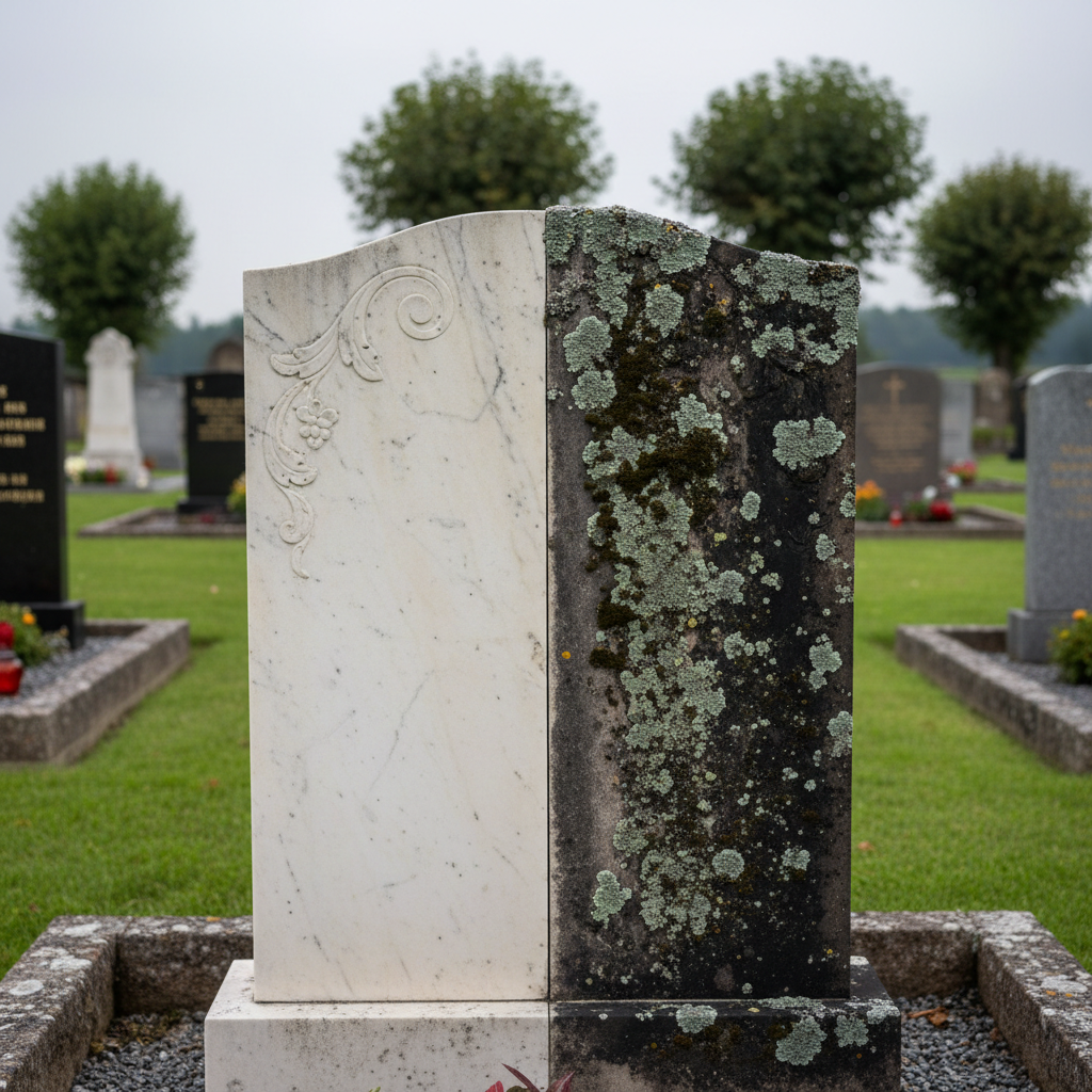 A close-up view of a half-cleaned marble gravestone, one side meticulously restored to a bright, smooth surface while the other retains dark lichen, moss, and pollution stains, clearly showing the before-and-after effect of professional stone care. Fine chisel marks and delicate carved ornamentation are visible on the cleaned half. The grave is located in a small, well-maintained cemetery on the Ostalb, with low stone borders and neatly edged lawn. Soft, cool overcast daylight emphasizes the contrast in texture and color without harsh reflections. Photographed from a slightly elevated angle with shallow depth of field, the focus stays on the vertical dividing line between treated and untreated stone. The mood is informative yet reverent, underscoring the value of preservation in a realistic, documentary photographic style.