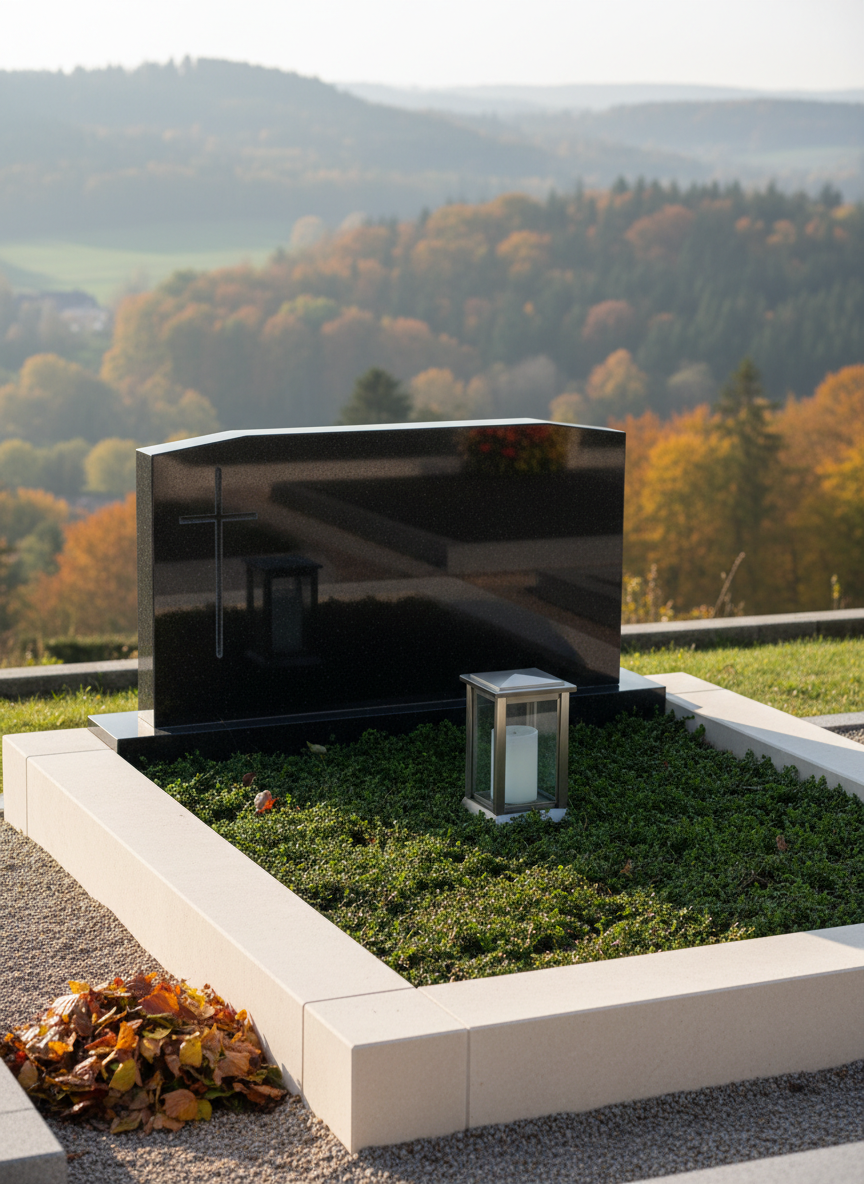 A detailed shot of a family grave site featuring a dark polished granite headstone and a surrounding light stone frame, both impeccably cleaned, with no water marks, moss, or dirt. The interior of the grave is carefully arranged with simple evergreen ground cover and a single lantern with clear glass and a clean metal finish, unlit but spotless. Fallen leaves are discretely gathered to the side, suggesting recent, attentive maintenance. The setting is a hillside cemetery in the Swabian Alb with a distant hint of rolling landscape softly blurred in the background. Gentle, diffused afternoon daylight provides soft reflections on the polished stone without glare. Captured from an eye-level, slightly offset perspective using the rule of thirds, the composition feels balanced, dignified, and tranquil, with a clean, modern photographic aesthetic reflecting reliable professional care.