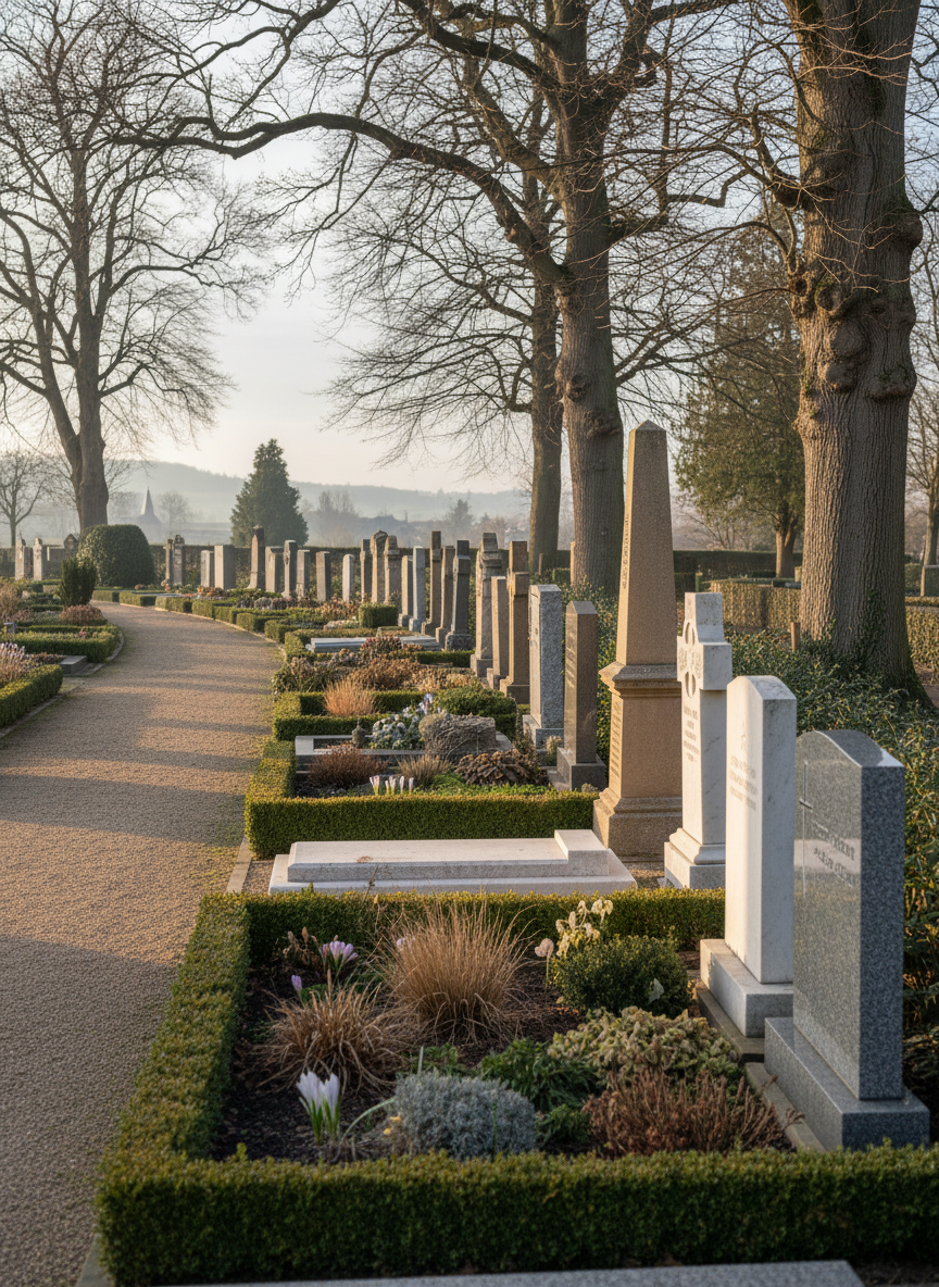 An orderly row of various gravestones—granite, sandstone, and marble—in different natural shades of grey and beige, all recently cleaned and free from moss, algae, and weather stains, forming a harmonious line along a gently curving cemetery path in the Ostalb region. The gravel path is swept and bordered by low, neatly pruned box hedges and seasonal planting in muted colors. Early morning light with a slight golden tint filters through tall leafless trees, casting long, soft shadows and subtle highlights on the stone surfaces. Shot from a low, slightly angled perspective following the curve of the path, the composition uses leading lines to draw the eye into the distance. The image has a calm, contemplative, and professional atmosphere, rendered in high-resolution photographic realism with natural colors and balanced contrast.
