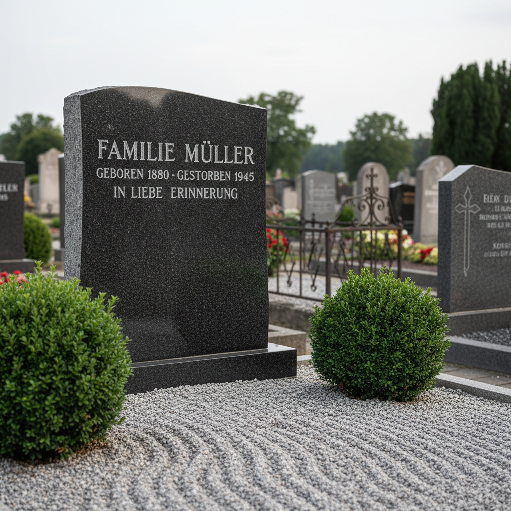 A freshly cleaned granite gravestone with crisp, legible engraving and a subtle satin sheen, standing on a well-tended grave in a southern German cemetery. The stone shows gentle natural aging in the edges but no moss or discoloration on its face. Around it, trimmed evergreen shrubs and neatly raked gravel emphasize order and care. Soft, diffused late afternoon light from an overcast sky creates even illumination with mild shadows, highlighting the clean surface. Captured at eye level with a slight diagonal angle and moderate depth of field, the foreground stone is in sharp focus while distant headstones fade into a gentle blur. The atmosphere is serene, respectful, and dignified, in a clean, photographic realism style suitable for a professional service website.