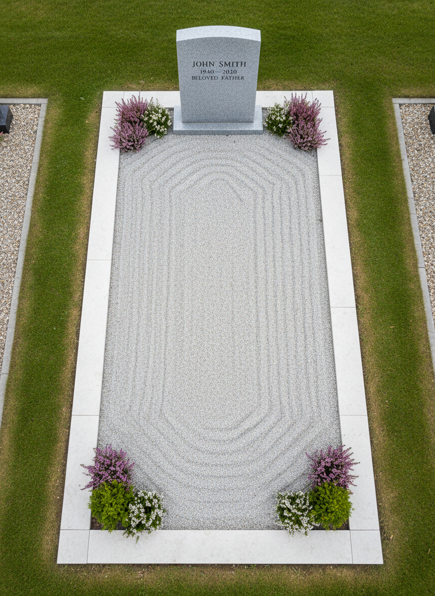 A top-down view of a rectangular gravestone plot framed by light-colored natural stone edging, freshly brushed and free of dirt, moss, or weeds. Inside the frame, the surface is covered with evenly raked fine gravel in a subtle pattern, showing no footprints or debris, with a single, simple granite headstone at the top end, its inscription clearly legible and surface uniformly cleaned. Small, low-maintenance plants such as heather and dwarf conifers are symmetrically arranged, all trimmed and healthy. The surrounding cemetery ground is visible at the edges with tidy grass and straight paths. The lighting is soft, bright overcast, producing almost no harsh shadows and supporting a neutral, calm color palette. The mood is orderly and serene, with a minimalist, documentary photographic style emphasizing precision and ongoing care, ideal for illustrating regular grave maintenance services.